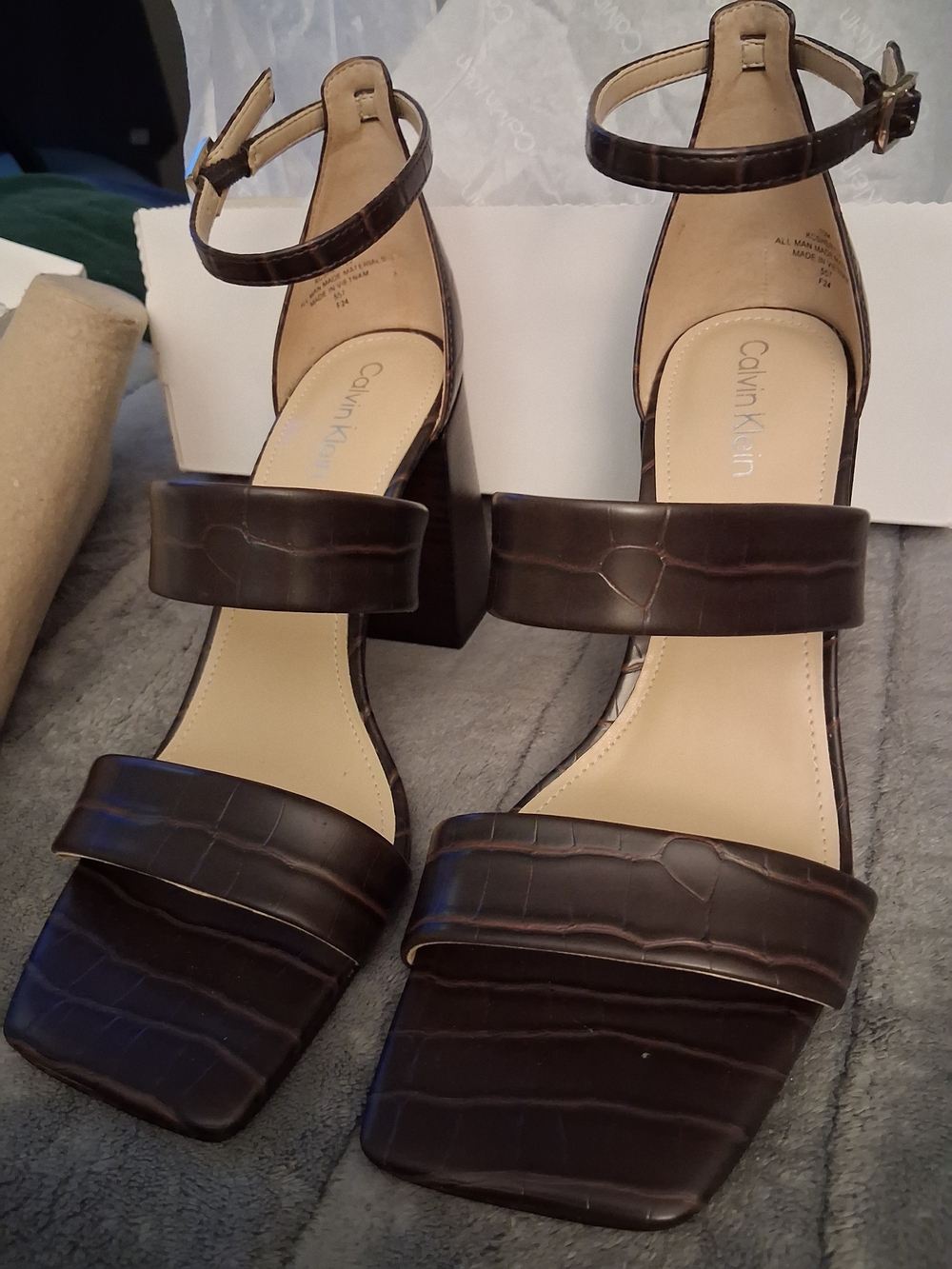 Calvin Klein Dark Brown Croc-Embossed Block Heel Sandals US SIZE 10M